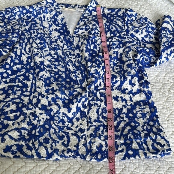 Chico's Women’s Cotton Eyelet Open Front Jacket Cardigan White/Blue Size L - Picture 8 of 13